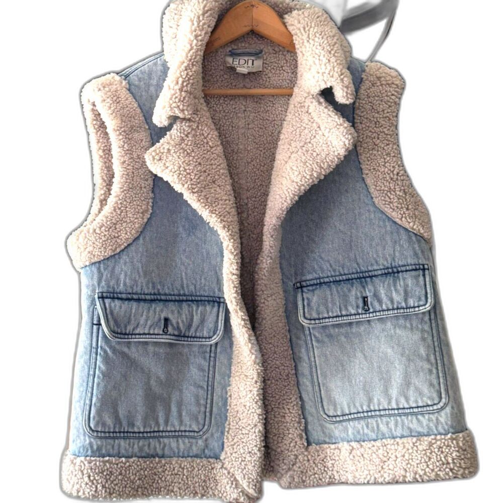 EDIT Jason Wu Sherpa Lined Denim Vest M Blue Faux Fur Western Boho